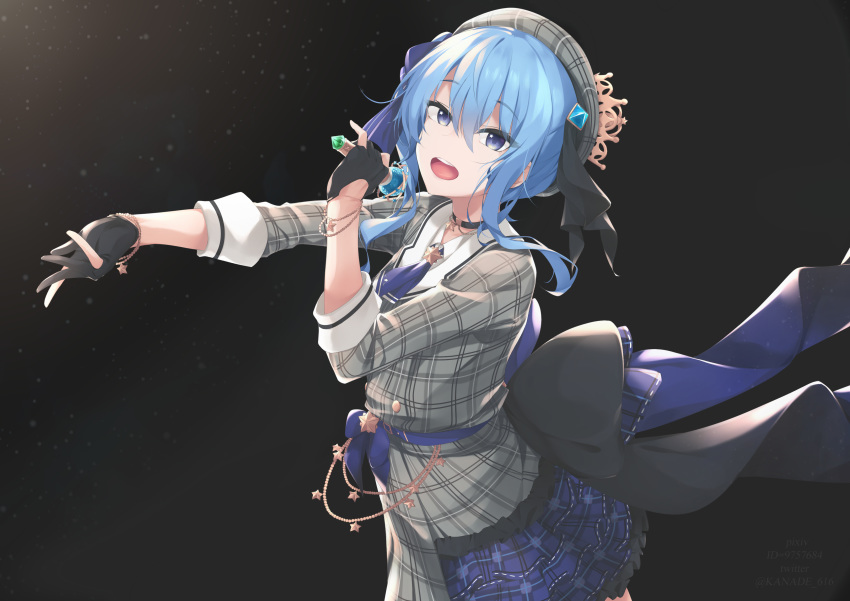 1girl :d absurdres bangs beret black_background black_choker black_gloves blue_eyes blue_hair blue_skirt blush choker collared_shirt dress eyebrows_visible_through_hair gloves grey_headwear grey_jacket hair_between_eyes hand_up hat highres holding holding_microphone hololive hoshimachi_suisei jacket kana616 layered_dress long_hair looking_at_viewer microphone open_mouth outstretched_arm partly_fingerless_gloves pixiv_id plaid plaid_headwear plaid_jacket plaid_skirt pleated_skirt shirt skirt smile solo twitter_username upper_teeth virtual_youtuber white_shirt