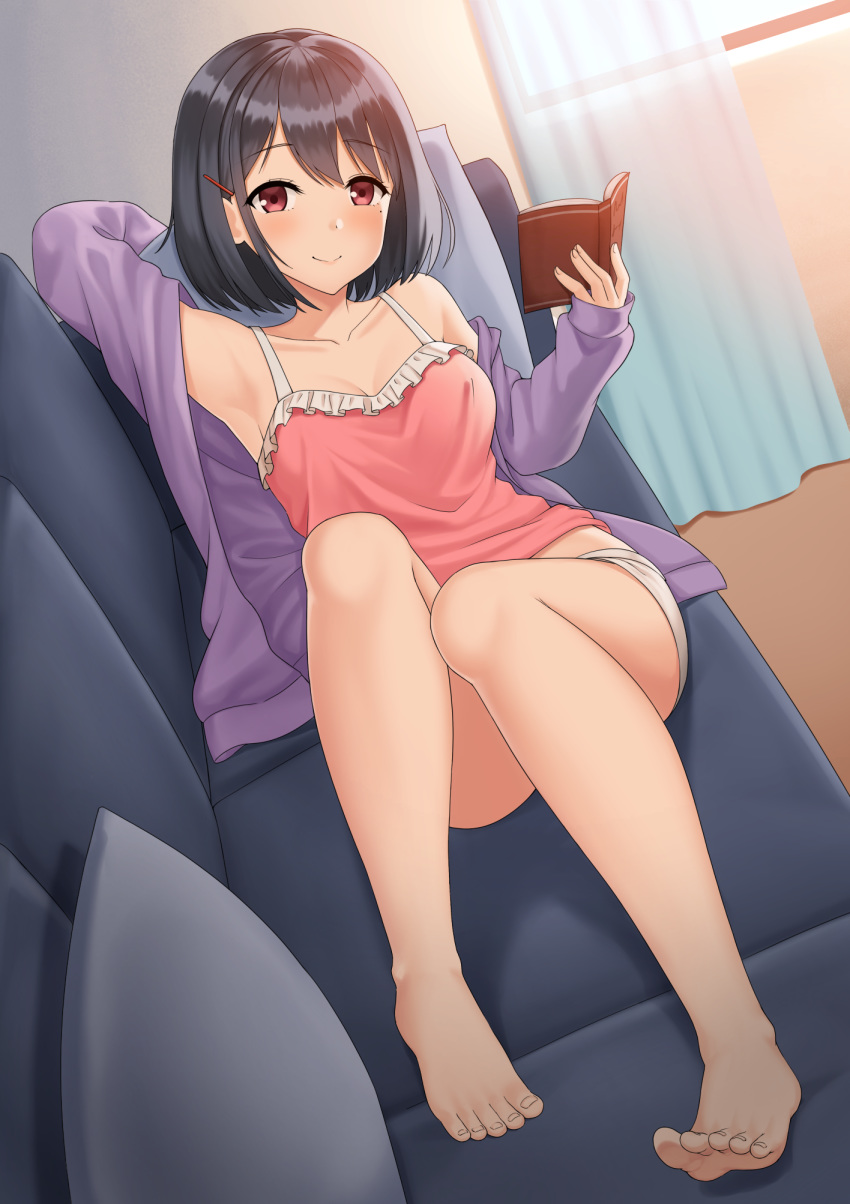 1girl arm_up armpits bare_shoulders barefoot black_hair book breasts camisole collarbone couch frilled_shirt frills hair_ornament hairclip highres holding jacket knees_up kurisu-kun looking_at_viewer medium_breasts micro_shorts midriff on_couch open_clothes open_jacket original pink_shirt purple_jacket reclining red_eyes shirt short_hair shorts sleeveless sleeveless_shirt smile solo thighs