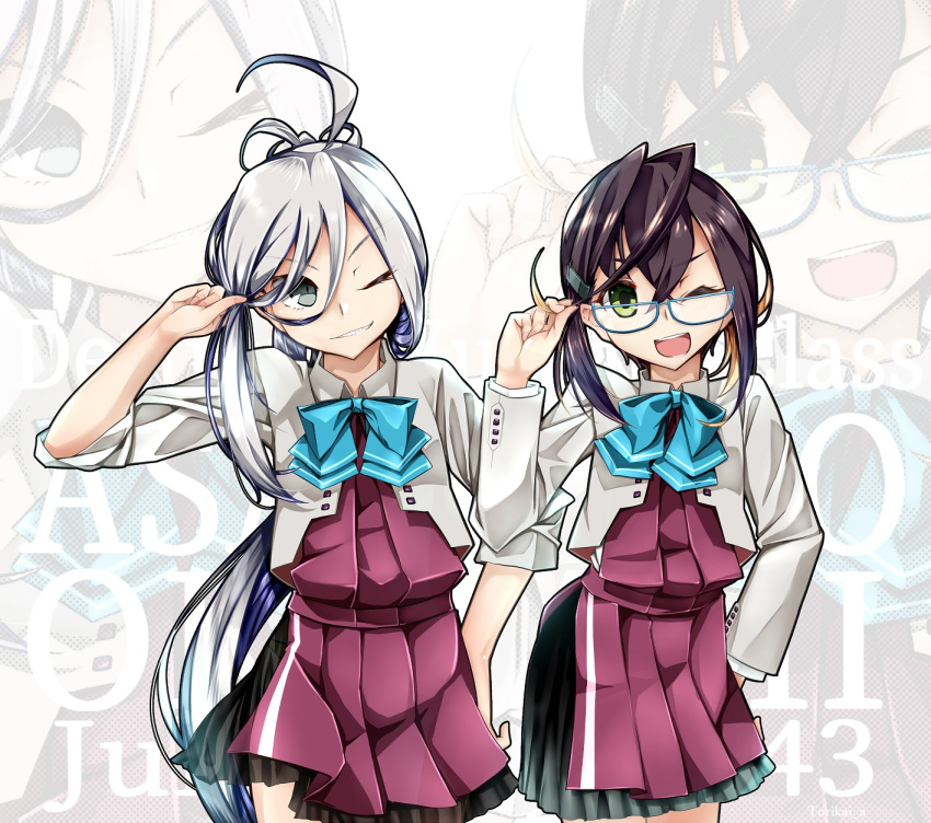 2girls ahoge asashimo_(kantai_collection) black_hair blazer blue-framed_eyewear bow bowtie commentary_request cowboy_shot glasses green_eyes grey_eyes hair_over_one_eye halterneck highres jacket kantai_collection long_hair looking_at_viewer multicolored_hair multiple_girls okinami_(kantai_collection) parted_lips pink_hair ponytail pose remodel_(kantai_collection) school_uniform short_hair silver_hair sleeves_rolled_up torikai_a underskirt zoom_layer