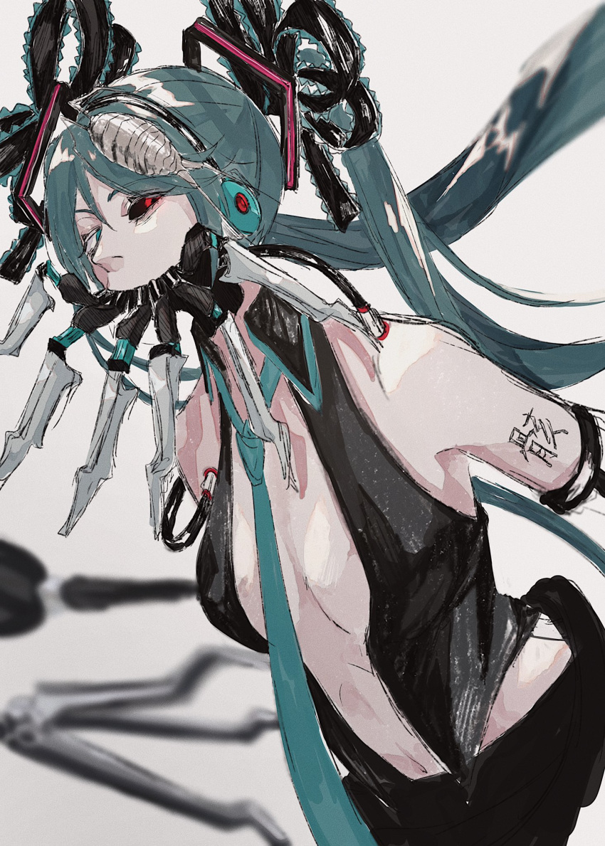 amputee android aqua_eyes aqua_hair aqua_neckwear artificial_eye bare_shoulders black_shirt black_skirt cable calne_ca cosplay earlgrey3183 frilled_ribbon frills hair_ornament hair_ribbon half-closed_eyes hatsune_miku hatsune_miku_(cosplay) heterochromia highres insect_on_head isopod leaning_forward long_hair looking_at_viewer mandibles mechanical mechanical_arm mechanical_eye nato-kun necktie open_clothes open_shirt original red_eyes ribbon shirt skirt traditional_media twintails very_long_hair vocaloid