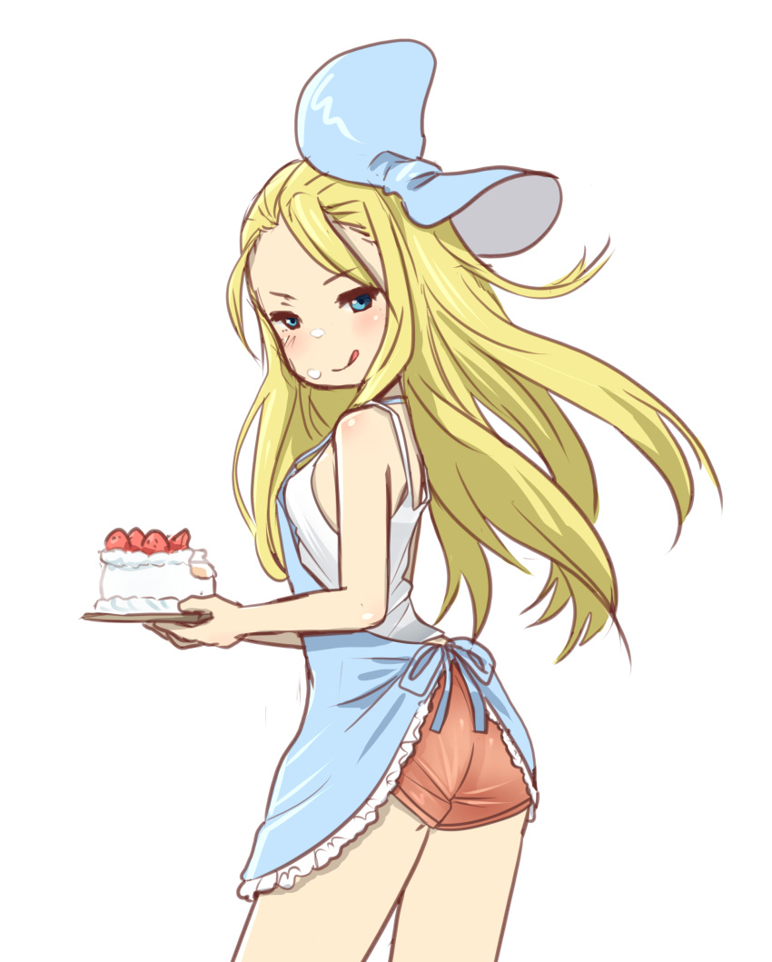 1girl absurdres apron blonde_hair blue_eyes bow bravely_default:_flying_fairy bravely_default_(series) cake edea_lee food hair_bow highres purdoy25 solo tongue tongue_out
