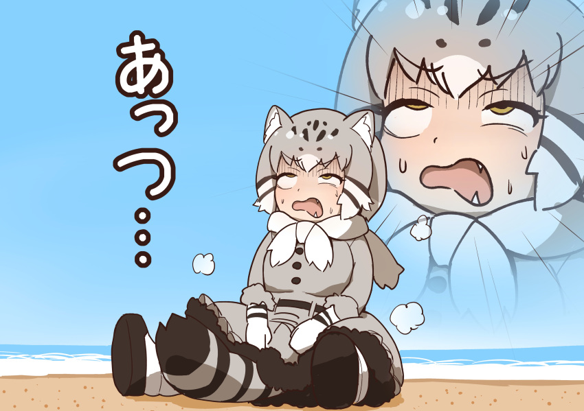 1girl absurdres animal_ear_fluff animal_ears beach between_legs blue_sky cat_ears cat_tail commentary_request day eyebrows_visible_through_hair fang fur-trimmed_sleeves fur_trim grey_hair highres hot kemono_friends long_sleeves multicolored_hair open_mouth outdoors pallas's_cat_(kemono_friends) rolling_eyes short_hair sitting skirt sky solo striped_tail sweat tail tail_between_legs totori_(ttr_oti) translated wavy_mouth white_hair yellow_eyes zoom_layer