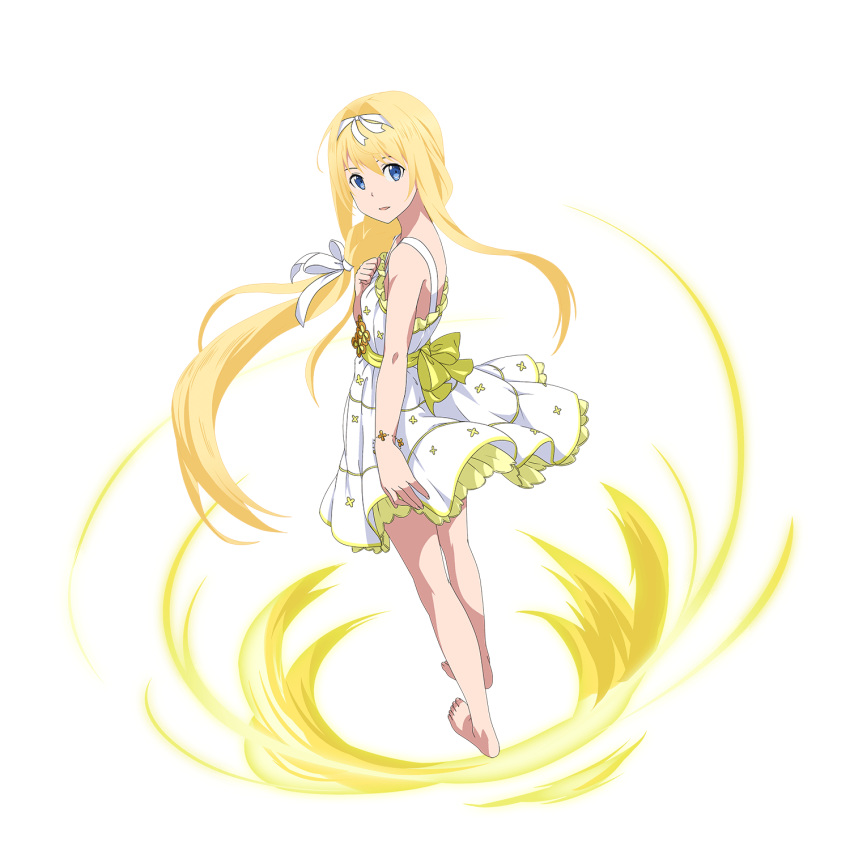 1girl alice_schuberg bangs barefoot blonde_hair blue_eyes braid braided_ponytail casual dress floating_hair from_side full_body hair_between_eyes hair_intakes hair_over_shoulder hair_ribbon hairband highres layered_dress long_hair looking_at_viewer official_art parted_lips ribbon shiny shiny_hair short_dress sleeveless sleeveless_dress solo standing sundress sword_art_online sword_art_online:_memory_defrag transparent_background very_long_hair white_dress white_hairband white_ribbon