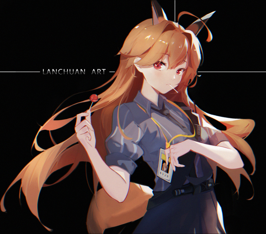 1girl ahoge animal_ears arknights artist_name black_background black_neckwear black_skirt brown_hair candy commentary food fox_ears fox_tail franka_(arknights) grey_shirt highres holding holding_food id_card lanchuan lollipop long_hair looking_at_viewer mouth_hold necktie puffy_short_sleeves puffy_sleeves red_eyes shirt short_sleeves simple_background skirt solo tail upper_body very_long_hair