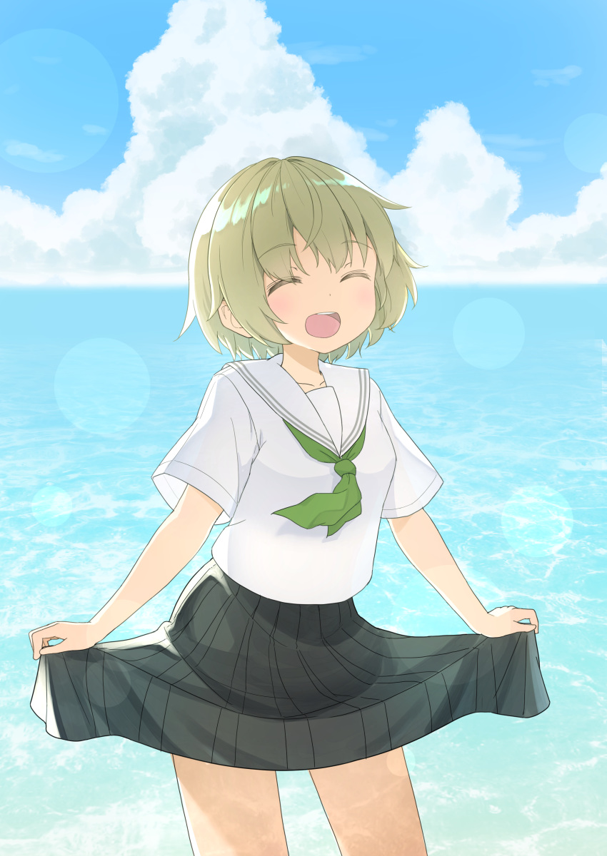 1girl absurdres black_skirt blonde_hair chintara10 closed_eyes clouds cowboy_shot day green_neckwear highres horizon medium_skirt ocean open_mouth original outdoors pleated_skirt school_uniform serafuku shirt shirt_tucked_in short_hair skirt sky smile solo water white_shirt