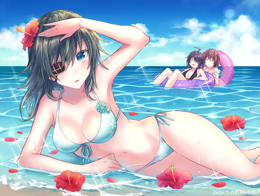 3girls arm_support beach bikini blue_sky blush breasts closed_eyes clouds commentary_request day eyebrows_visible_through_hair eyepatch flower front-tie_top furutaka_(kantai_collection) green_hair hair_flower hair_ornament halterneck hat hibiscus innertube kabocha_torute kako_(kantai_collection) kantai_collection kiso_(kantai_collection) long_hair looking_at_viewer lying medium_breasts multiple_girls navel ocean on_side open_mouth outdoors partially_submerged purple_hair short_hair side-tie_bikini sky smile sparkle string_bikini sunlight swimsuit water wet