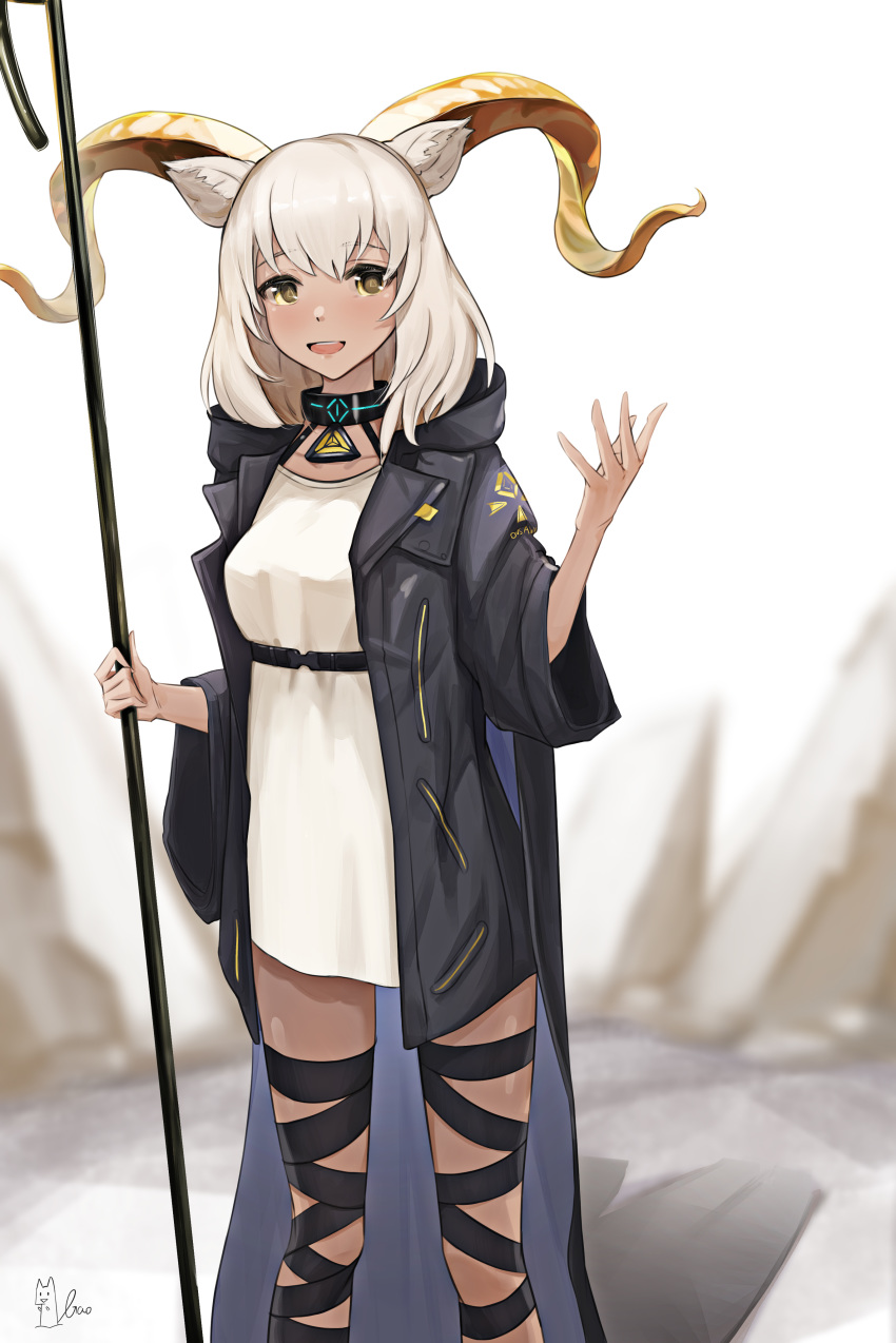 1girl :d absurdres animal_ear_fluff animal_ears arknights bangs beeswax_(arknights) black_coat black_collar black_ribbon brown_eyes coat collar commentary dress feet_out_of_frame hand_up highres holding holding_staff horns leg_ribbon long_hair long_sleeves looking_at_viewer niaogao open_clothes open_coat open_mouth ribbon short_dress silver_hair smile solo staff standing thighs white_dress wide_sleeves