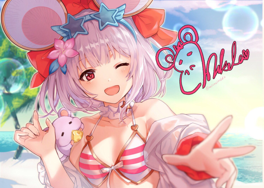 1girl animal_ears bikini fake_animal_ears granblue_fantasy looking_at_viewer misosirudodo2 mouse mouse_ears one_eye_closed open_mouth rat red_eyes smile solo star-shaped_eyewear swimsuit vikala_(granblue_fantasy) white_hair