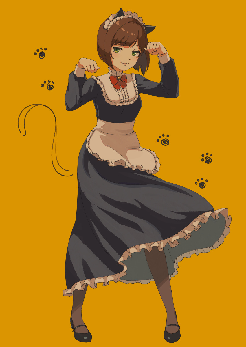 1girl :3 absurdres animal_ears apron bell black_dress black_footwear black_pantyhose blush bow bowtie breasts brown_hair cat_ears dress fake_animal_ears footprints frilled_apron frilled_dress frilled_skirt frills full_body green_eyes hands_up highres idolmaster idolmaster_cinderella_girls idolmaster_cinderella_girls_starlight_stage jingle_bell large_breasts long_sleeves looking_at_viewer maekawa_miku mary_janes neck_bell pantyhose parted_lips paw_pose rakkopower red_bow red_bowtie shoes short_hair simple_background skirt smile solo standing waist_apron white_apron white_bow white_headdress yellow_background