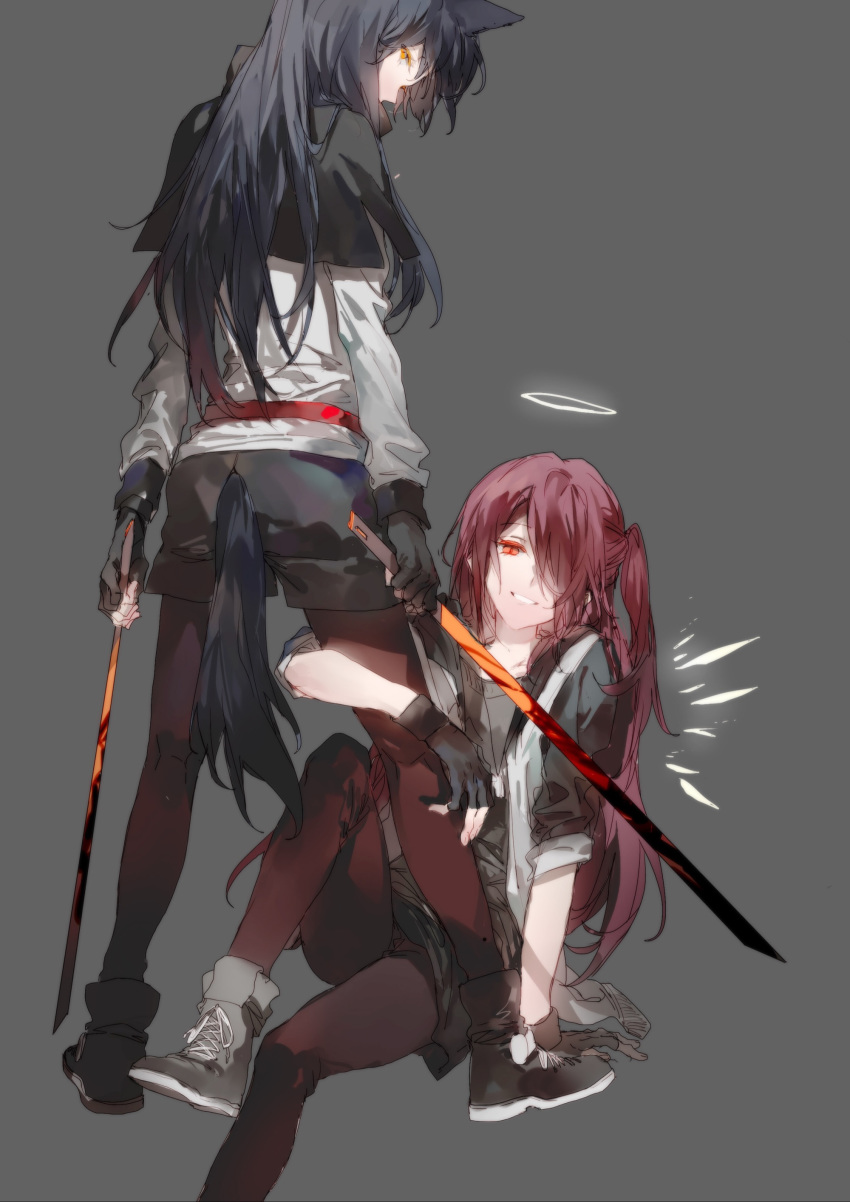 2girls absurdres alternate_hair_length alternate_hairstyle animal_ears arknights artist_name black_gloves black_hair black_legwear capelet dog_tags dual_wielding exusiai_(arknights) fingerless_gloves gloves hair_over_one_eye halo hand_on_another's_leg highres holding holding_leg jacket long_hair looking_at_viewer looking_back min_(120716) multiple_girls orange_eyes pantyhose red_eyes redhead shoes shorts side_ponytail sitting smile standing sword tail texas_(arknights) watermark weapon web_address wolf_ears wolf_tail yellow_eyes