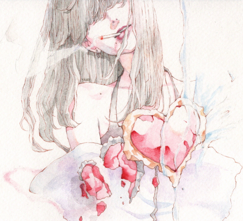 12yun30 1girl artist_name bare_shoulders cigarette commentary facing_viewer grey_hair hair_over_eyes head_tilt heart highres lips long_hair mole mole_on_shoulder mole_under_mouth original parted_lips smoke smoking solo symbol_commentary traditional_media watercolor_(medium)