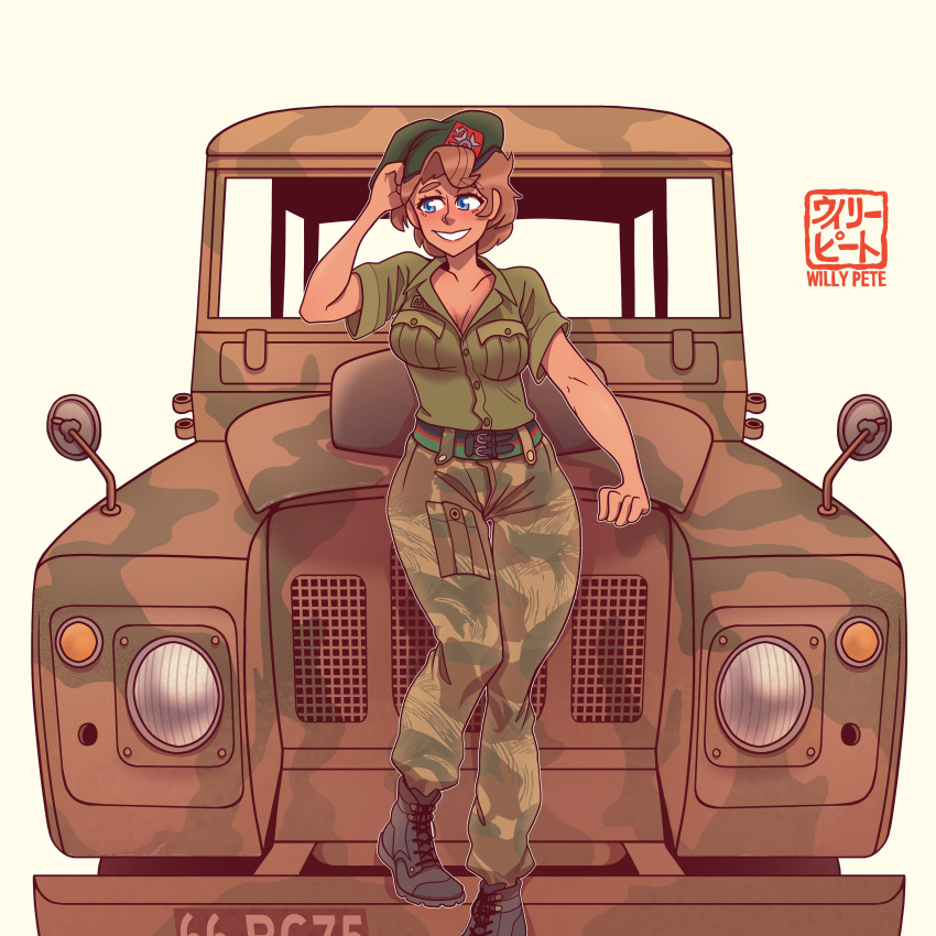 1girl absurdres artist_name beret blue_eyes blush breasts brown_hair camouflage commission hat highres land_rover license_plate original smile solo willy_pete