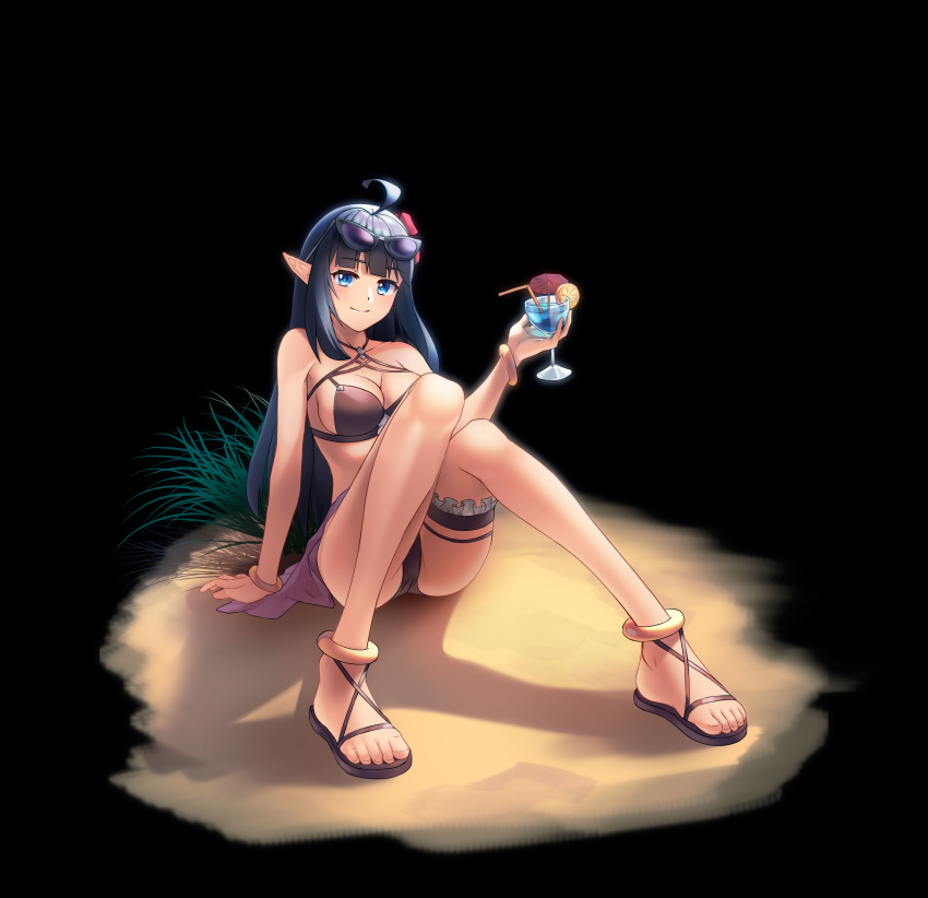 1girl absurdres ahoge arm_support ass bangle bare_arms bare_shoulders bikini black_background black_bikini black_hair blue_eyes bracelet cup drinking_glass drinking_straw eyewear_on_head grass hand_up highres holding jewelry king's_raid knees_up leg_garter long_hair looking_at_viewer mirianne_(king's_raid) pointy_ears sand sandals sidelocks sitting smile solo sunglasses swimsuit thighs tropical_drink vladislav_ton
