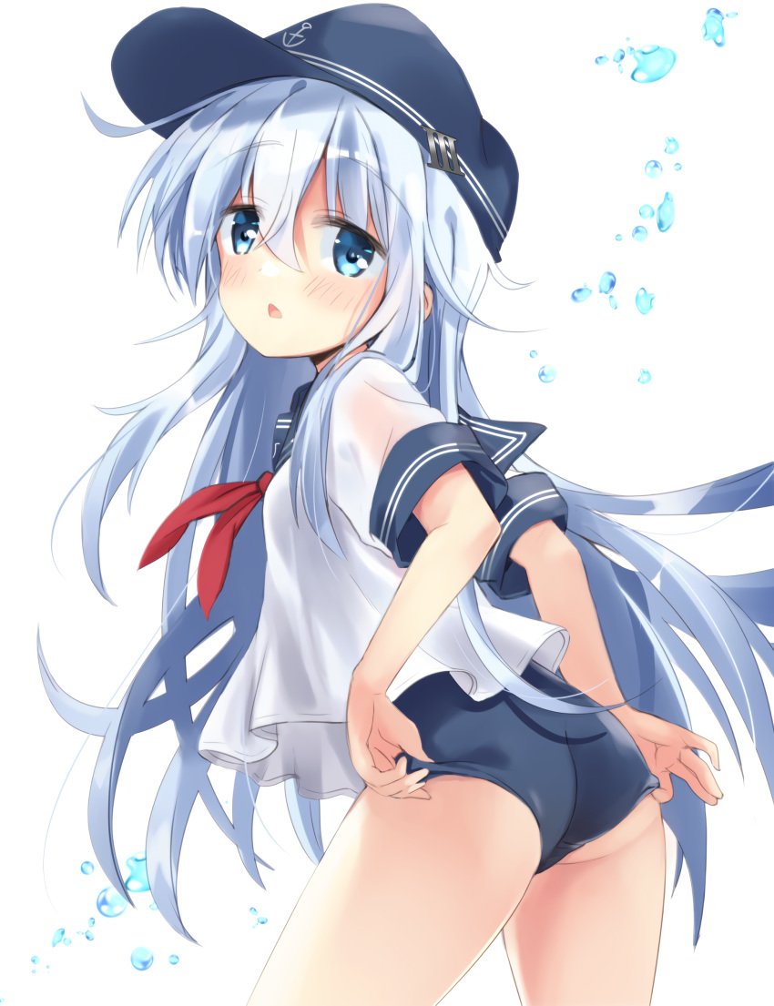 1girl absurdres alternate_sleeve_length anchor_symbol ass black_headwear black_sailor_collar blue_eyes blue_swimsuit commentary_request cowboy_shot flat_cap from_behind hat hibiki_(kantai_collection) highres hizuki_yayoi kantai_collection long_hair looking_at_viewer no_pants sailor_collar school_uniform serafuku short_shorts shorts silver_hair solo swimsuit swimsuit_under_clothes