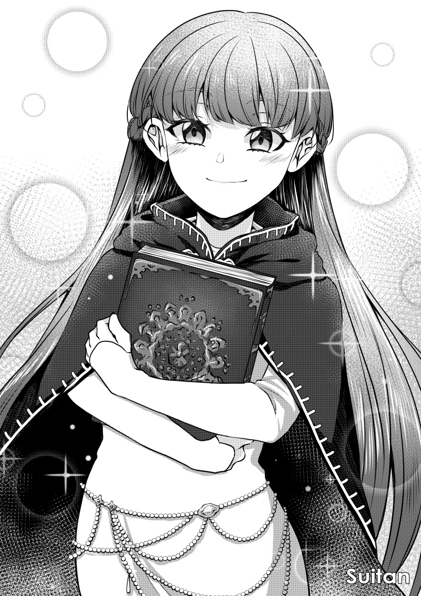 1girl absurdres book cape cloak commission commissioner_upload dress fire_emblem fire_emblem:_the_binding_blade highres jewelry long_hair long_sleeves monochrome simple_background smile solo sophia_(fire_emblem) suitan