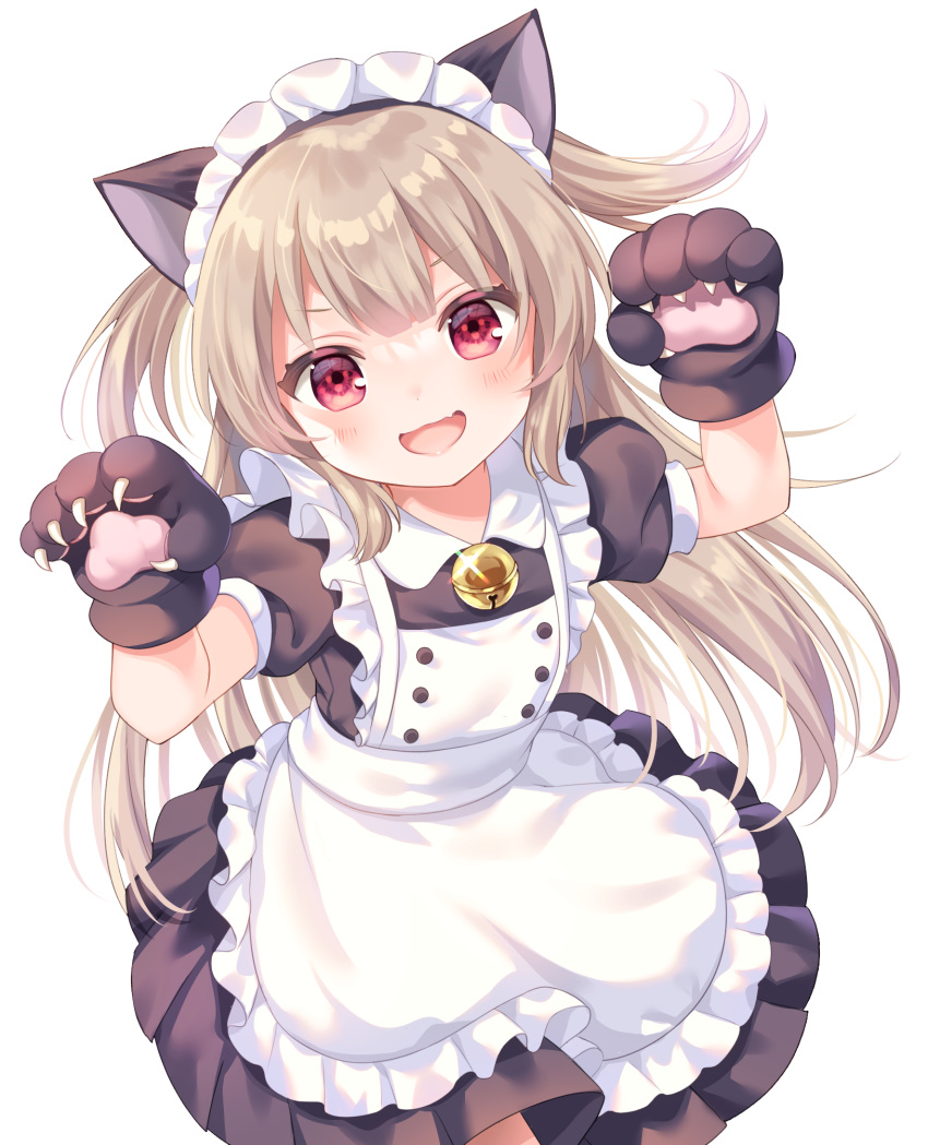 1girl :d alternate_costume animal_ears apron bangs bell black_dress black_gloves blush cat_ears collared_dress commentary_request dress enmaided eyebrows_visible_through_hair frilled_apron frills gloves hands_up highres jingle_bell komachi_pochi light_brown_hair long_hair looking_at_viewer maid maid_headdress natori_sana open_mouth paw_gloves paws pleated_dress puffy_short_sleeves puffy_sleeves red_eyes sana_channel short_sleeves simple_background smile solo two_side_up v-shaped_eyebrows very_long_hair virtual_youtuber white_apron white_background