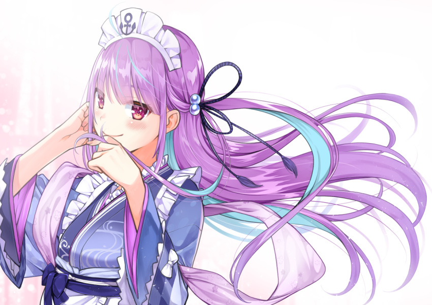 1girl anchor_symbol aqua_hair blue_kimono blush breasts closed_mouth commentary hair_bobbles hair_ornament hand_in_hair holding holding_hair hololive japanese_clothes kimono lips long_hair looking_at_viewer maid_headdress medium_breasts minato_aqua multicolored_hair obi purple_hair sash simple_background smile solo straight_hair streaked_hair takahashi_osamu two-tone_hair upper_body violet_eyes virtual_youtuber white_background wide_sleeves wings