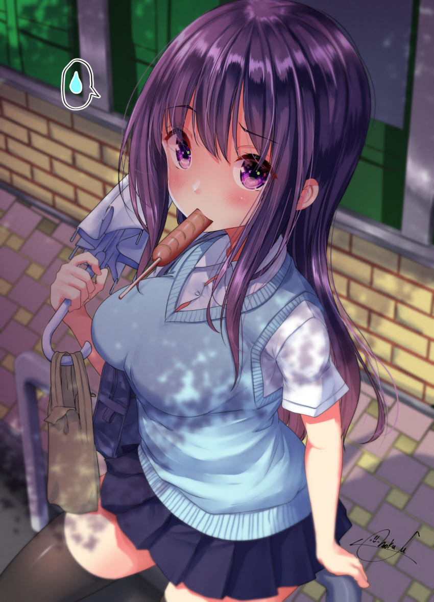 1girl bag bangs black_legwear black_skirt blue_sweater_vest breasts brick_wall collared_shirt eating eyebrows_visible_through_hair food from_above highres holding holding_umbrella long_hair looking_at_viewer medium_breasts mokufuu mouth_hold original pavement plastic_bag pleated_skirt purple_hair railing sausage school_bag shirt short_sleeves sidelocks sitting skirt spoken_sweatdrop sweatdrop sweater_vest thigh-highs umbrella violet_eyes white_shirt white_umbrella zettai_ryouiki