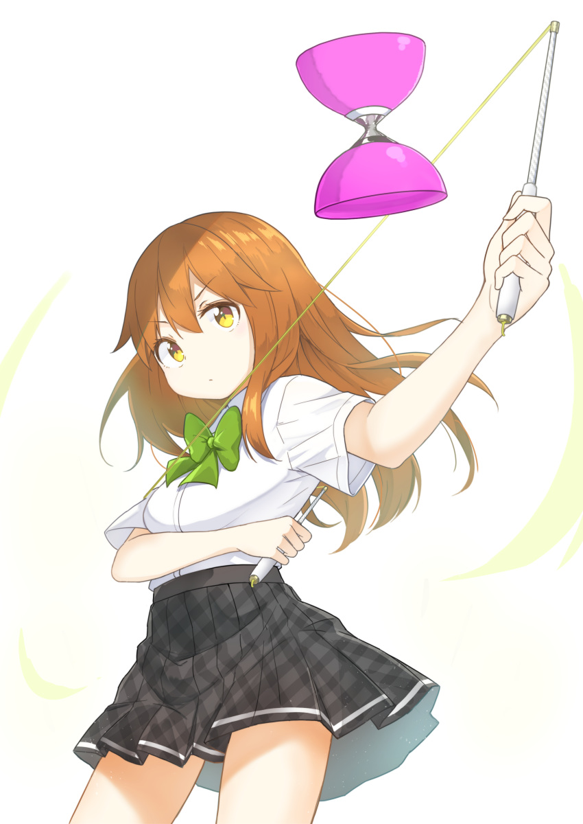 1girl absurdres black_skirt bow bowtie brown_eyes brown_hair chintara10 collared_shirt cowboy_shot diabolo green_neckwear highres juggling long_hair miniskirt original pleated_skirt shirt shirt_tucked_in short_sleeves skirt solo white_background white_shirt