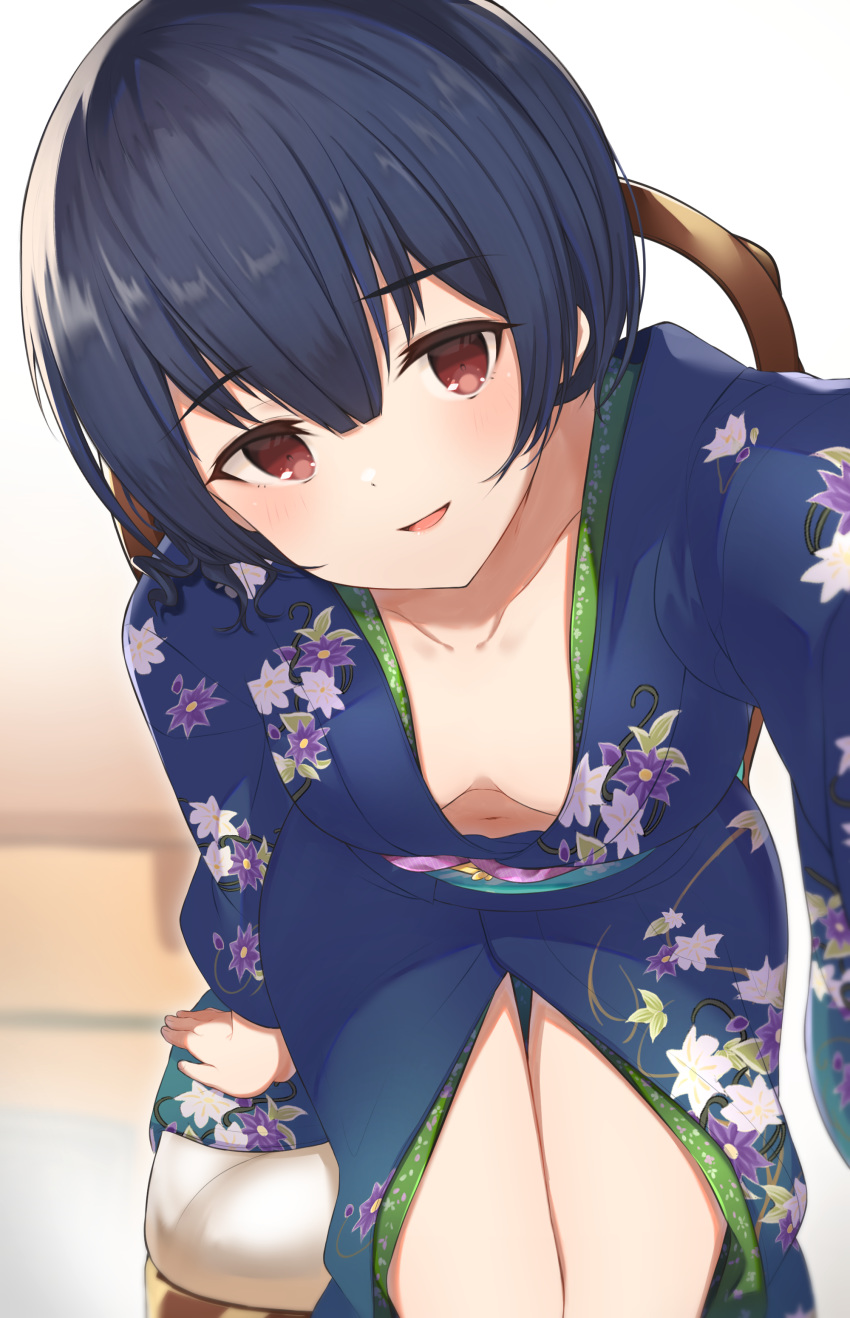 1girl absurdres arm_support arm_up bangs black_hair blue_kimono blurry blurry_background blush breasts chair collarbone commentary_request cowboy_shot downblouse eyebrows_visible_through_hair floral_print from_above hair_between_eyes head_tilt highres idolmaster idolmaster_shiny_colors indoors japanese_clothes kimono legs_together long_sleeves looking_at_viewer looking_up morino_rinze navel no_bra obi outstretched_arm parted_lips print_kimono reaching_out red_eyes sash self_shot short_hair sikutogurei_(kunugi_miyaco) sitting small_breasts smile solo stomach thigh_gap white_background