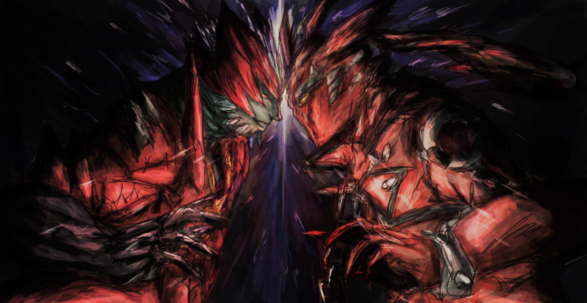 2boys battle claws collarbone crossover dante_(devil_may_cry) demon demon_boy devil_may_cry devil_may_cry_4 devil_trigger dragon_install energy_wings fighting glowing glowing_eyes guilty_gear guilty_gear_xrd headbutt helmet horns jacket male_focus manly multiple_boys muscle no_humans rekdmc silver_hair smile sol_badguy white_hair winged_helmet yellow_eyes