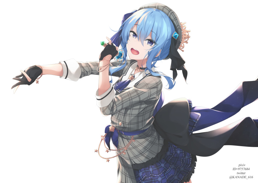 1girl :d absurdres bangs beret black_choker black_gloves blue_eyes blue_hair blue_skirt blush choker collared_shirt commentary_request dress eyebrows_visible_through_hair gloves grey_headwear grey_jacket hair_between_eyes hand_up hat highres holding holding_microphone hololive hoshimachi_suisei jacket kana616 layered_dress long_hair looking_at_viewer microphone open_mouth outstretched_arm partly_fingerless_gloves pixiv_id plaid plaid_headwear plaid_jacket plaid_skirt pleated_skirt romaji_commentary shirt simple_background skirt smile solo spanish_commentary twitter_username upper_teeth virtual_youtuber white_background white_shirt