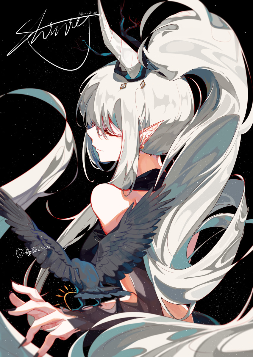 1girl animal arknights bare_shoulders bird black_background closed_eyes damococo demon_girl demon_horns from_side highres horns long_hair pale_skin pointy_ears ponytail shining_(arknights) solo very_long_hair white_hair