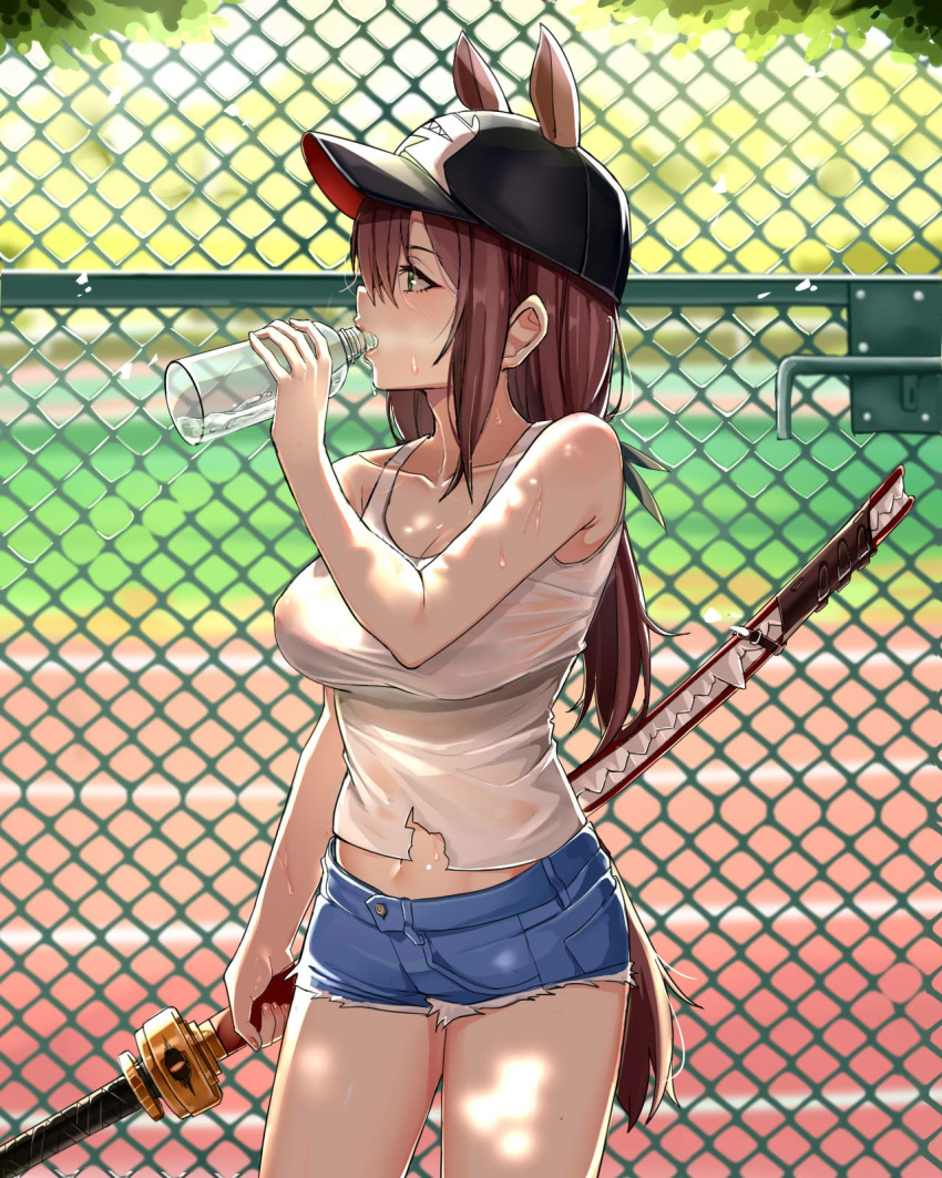 1girl animal_ears bare_shoulders baseball_cap black_headwear blue_shorts bottle breasts brown_hair covered_nipples cowboy_shot day denim denim_shorts drinking fence hat highres holding holding_bottle holding_sword holding_weapon large_breasts long_hair midriff original outdoors see-through sheath sheathed shirt short_shorts shorts solo standing summer sweat sword tail torn_clothes torn_shirt water water_bottle weapon white_shirt xubai