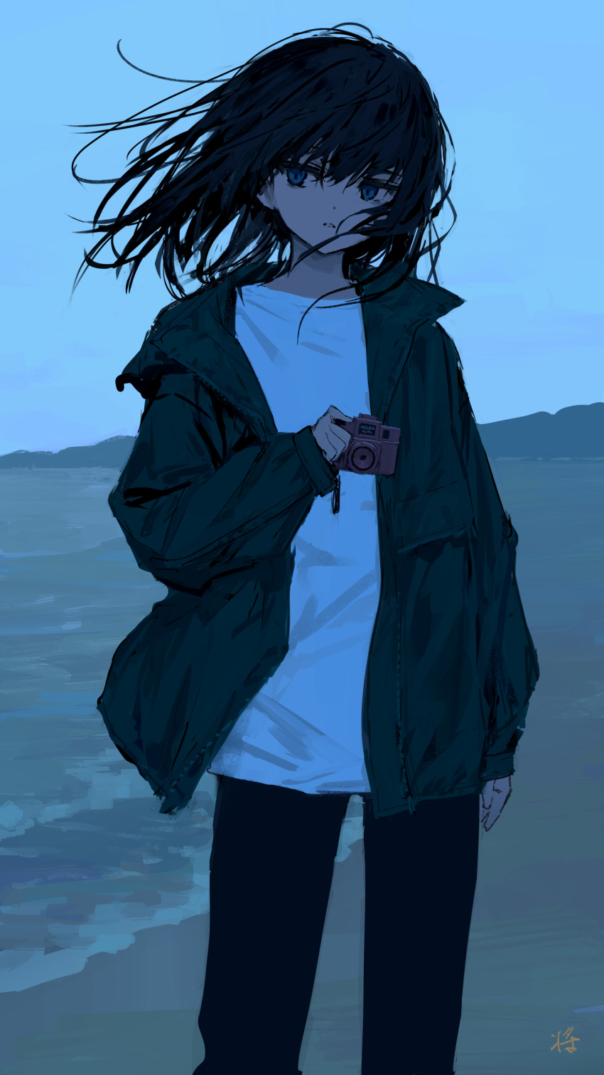 1girl absurdres bangs beach black_hair black_pants blue_eyes blue_sky camera commentary_request day floating_hair green_jacket hair_between_eyes highres holding holding_camera jacket long_hair long_sleeves open_clothes open_jacket original outdoors pants puffy_long_sleeves puffy_sleeves sand shirt sho_(sho_lwlw) sky sleeves_past_wrists solo standing water white_shirt