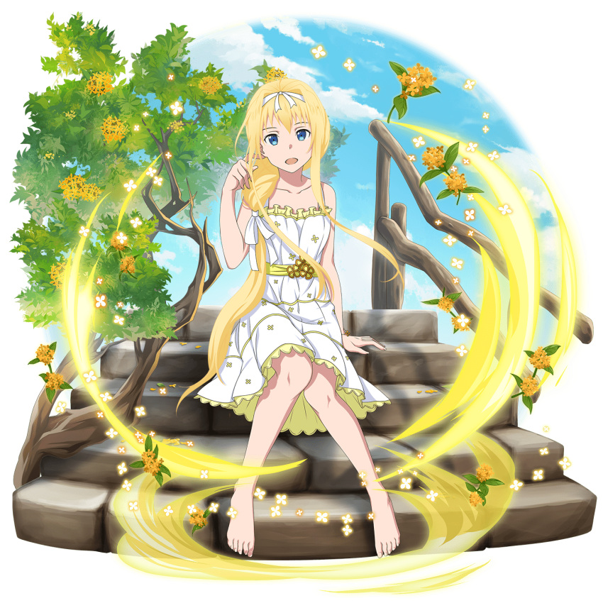 1girl ahoge alice_schuberg bangs barefoot blonde_hair blue_eyes casual collarbone day dress faux_figurine flower hair_between_eyes hair_over_shoulder hair_ribbon hair_tubes hairband hand_in_hair highres long_hair looking_at_viewer official_art open_mouth outdoors ponytail ribbon short_dress sitting sleeveless sleeveless_dress solo stairs sundress sword_art_online sword_art_online:_memory_defrag transparent_background very_long_hair white_dress white_hairband white_ribbon yellow_flower