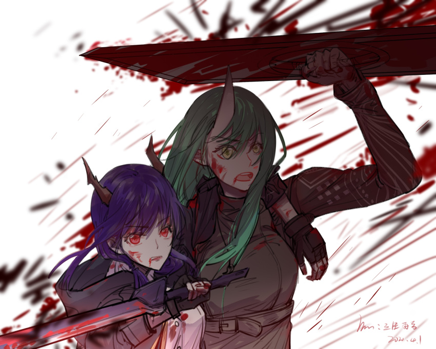 2girls alternate_costume arknights artist_request attack blood blood_from_mouth blood_on_face blue_hair ch'en_(arknights) covering dragon_horns green_hair hannya_(arknights) highres holding holding_shield horns hoshiguma_(arknights) injury long_hair multiple_girls necktie oni oni_horns shield single_horn