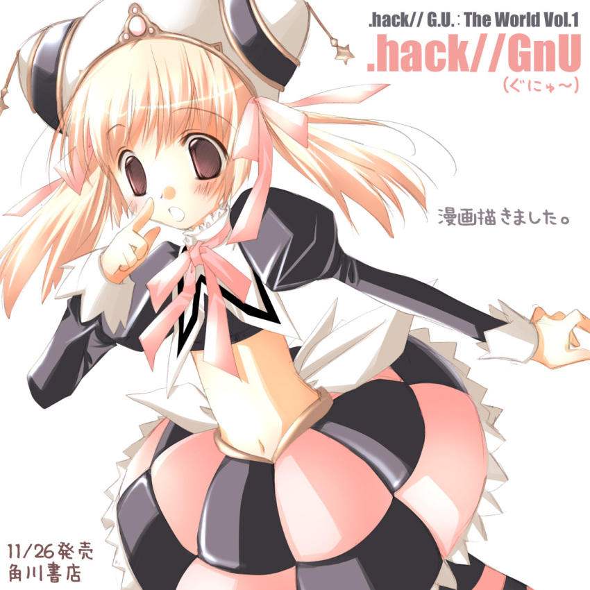 .hack//g.u. blonde_hair blush checkered crop_top flat_chest hair_ribbon hair_ribbons hat infini kanan_asuka midriff navel pink_eyes pointing ribbon ribbons skirt solo striped striped_legwear thighhighs translated twintails