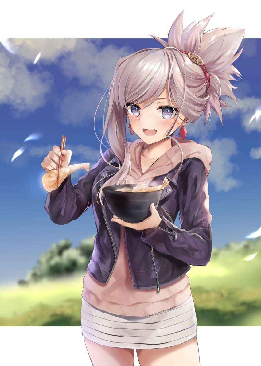 1girl blush bowl chopsticks clouds collarbone cowboy_shot day earrings eyebrows_visible_through_hair fate/grand_order fate_(series) food hane_yuki highres holding holding_bowl holding_food jacket jewelry long_sleeves looking_at_viewer miyamoto_musashi_(fate/grand_order) open_mouth outdoors ponytail sky solo standing