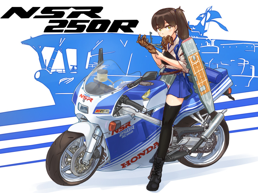 1girl apron black_footwear black_legwear blue_skirt boots brown_gloves brown_hair cross-laced_footwear flight_deck full_body glove_in_mouth gloves ground_vehicle hakama_skirt honda honda_nsr250r kaga_(aircraft_carrier) kaga_(kantai_collection) kantai_collection lace-up_boots long_hair looking_at_viewer motor_vehicle motorcycle mouth_hold muneate riding_machine side_ponytail siozirinootaku21 sitting skirt solo tasuki thigh-highs vehicle_name yellow_eyes