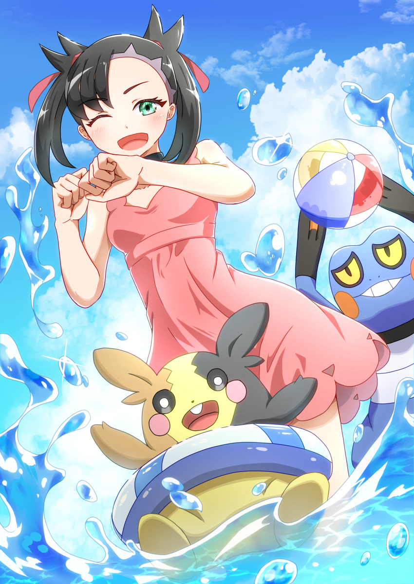 1girl ;d absurdres arms_up asymmetrical_bangs bangs black_choker black_hair choker croagunk day dress dutch_angle gen_4_pokemon gen_8_pokemon green_eyes hair_ribbon highres innertube looking_at_viewer mary_(pokemon) medium_hair morpeko negimiso1989 one_eye_closed open_mouth outdoors pink_dress pink_ribbon pokemon pokemon_(creature) pokemon_(game) pokemon_swsh ribbon shiny shiny_hair short_dress sleeveless sleeveless_dress smile summer twintails wading water