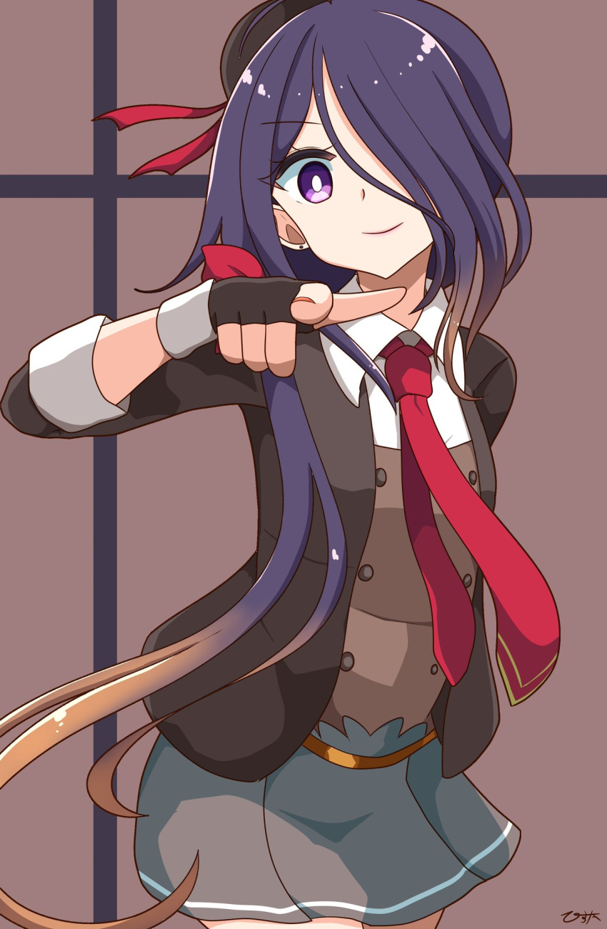 1girl ariake_(kantai_collection) beret black_gloves black_headwear brown_background collared_shirt commentary_request cowboy_shot fingerless_gloves gloves grey_skirt hair_over_one_eye hat highres kantai_collection long_hair long_sleeves looking_at_viewer necktie pista_land pleated_skirt pointing pointing_at_viewer red_neckwear shirt skirt solo standing two-tone_background violet_eyes