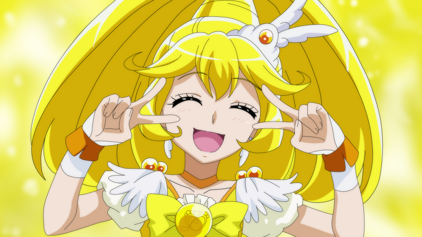 1girl :d anime_coloring bangs blonde_hair blurry blurry_background bow choker closed_eyes collarbone cure_peace dearigazu2001 double_v earrings eyebrows_visible_through_hair facing_viewer hair_between_eyes highres jewelry long_hair open_mouth precure shiny shiny_hair short_sleeves smile smile_precure! solo upper_body v v_over_eye very_long_hair wrist_cuffs yellow_background yellow_bow yellow_choker