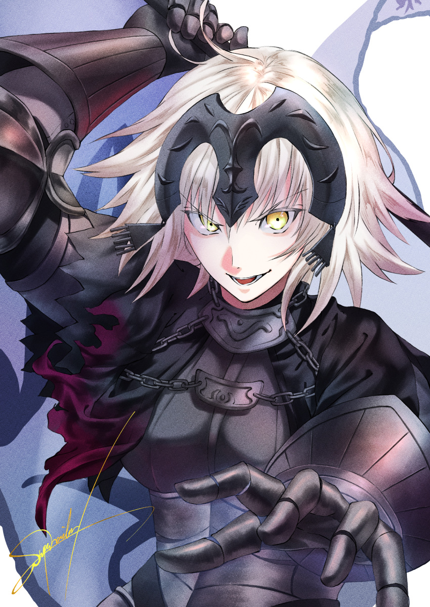 1girl absurdres ahoge arm_behind_head arm_up armor armored_dress bangs black_dress breasts chain dress eyebrows_visible_through_hair fate/grand_order fate_(series) flag gauntlets headpiece highres huge_filesize jeanne_d'arc_(alter)_(fate) jeanne_d'arc_(fate)_(all) large_breasts open_mouth outstretched_hand platinum_blonde_hair short_hair w-moz9-w yellow_eyes