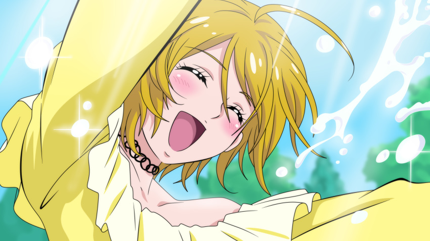 1girl :d anime_coloring blonde_hair blurry blurry_background blush choker closed_eyes collarbone day dearigazu2001 floating_hair highres hugtto!_precure kagayaki_homare long_sleeves open_mouth outdoors outstretched_arms portrait precure shiny shiny_hair shirt short_hair smile solo splashing yellow_shirt