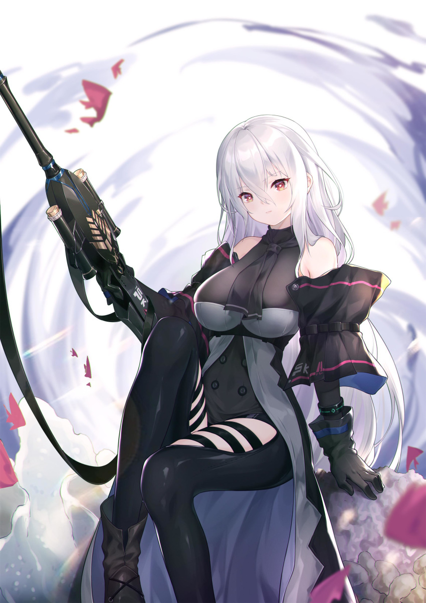 1girl absurdres arknights arm_support bare_shoulders black_footwear black_gloves black_neckwear black_pants black_shirt boots breasts detached_sleeves gloves heart heart-shaped_pupils highres jiusan_naitan knee_up large_breasts long_hair looking_at_viewer pants red_eyes shirt sitting skadi_(arknights) solo sword symbol-shaped_pupils thigh_cutout very_long_hair waist_cape weapon white_background white_hair