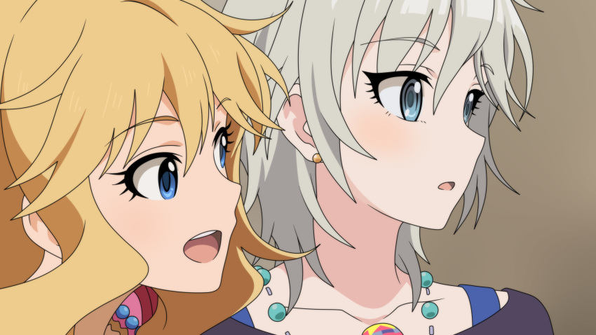 2girls :d anastasia_(idolmaster) anime_coloring blonde_hair blue_eyes collarbone dearigazu2001 grey_background grey_eyes highres idolmaster idolmaster_cinderella_girls jewelry multiple_girls necklace ootsuki_yui open_mouth portrait shiny shiny_hair short_hair silver_hair simple_background smile