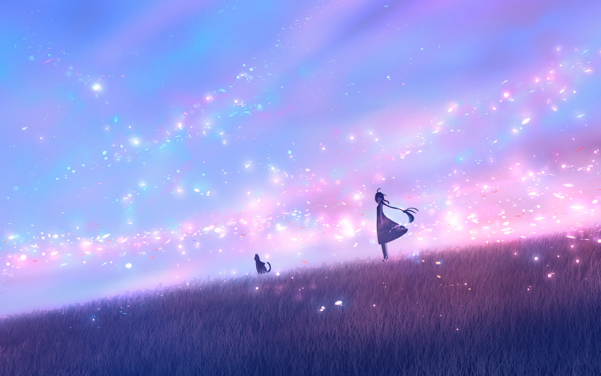 1girl ahoge cape cat colorful commentary dark dress dutch_angle fantasy flat_chest grass highres light_particles long_hair looking_at_viewer looking_to_the_side low-tied_long_hair low_ponytail original ponytail sakimori_(hououbds) scenery sky sleeveless sleeveless_dress wind