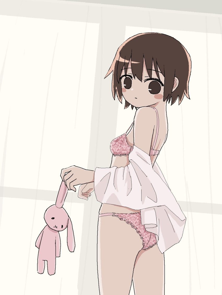 1girl blush_stickers bra breasts brown_eyes brown_hair closed_mouth cowboy_shot curtains from_behind highres holding holding_stuffed_animal kill_me_baby looking_at_viewer looking_back nadegata off-shoulder_shirt off_shoulder oribe_yasuna panties pink_bra pink_panties shirt small_breasts solo standing stuffed_animal stuffed_bunny stuffed_toy underwear unmoving_pattern white_shirt