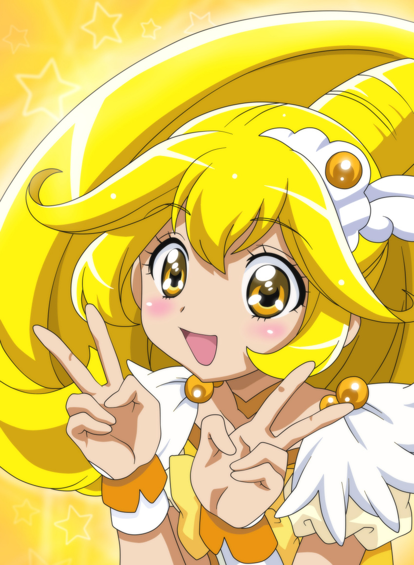 1girl :d absurdres anime_coloring bangs blonde_hair blush choker cure_peace dearigazu2001 double_v eyebrows_visible_through_hair hair_between_eyes highres long_hair open_mouth precure shiny shiny_hair short_sleeves smile smile_precure! solo star_(symbol) upper_body v wrist_cuffs yellow_background yellow_choker yellow_eyes