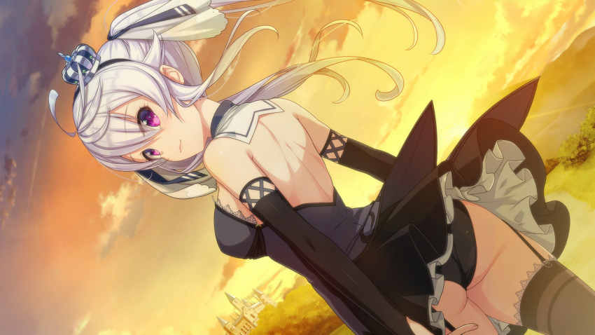 1girl :3 ahoge arms_at_sides ass black_legwear black_panties breasts closed_mouth cowboy_shot crown detached_sleeves dress dutch_angle from_behind game_cg garter_straps hair_between_eyes hair_ribbon hairband highres lavender_hair long_hair looking_at_viewer looking_back medium_breasts mini_crown non-web_source orange_sky outdoors panties prison_princess ribbon short_dress sky smile solo sunset thigh-highs twintails underwear violet_eyes yamacchi zena_(prison_princess)