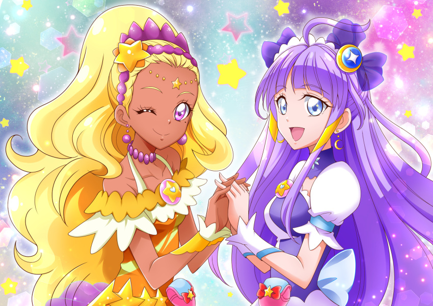 2girls :d ;) ahoge amamiya_erena blonde_hair blue_eyes collarbone commentary_request cure_selene cure_soleil dark_skin eyebrows_visible_through_hair hanzou highres interlocked_fingers kaguya_madoka long_hair looking_at_viewer magical_girl mole mole_under_eye multiple_girls one_eye_closed open_mouth precure puffy_short_sleeves puffy_sleeves purple_hair short_sleeves smile star_(symbol) star_twinkle_precure violet_eyes wrist_cuffs