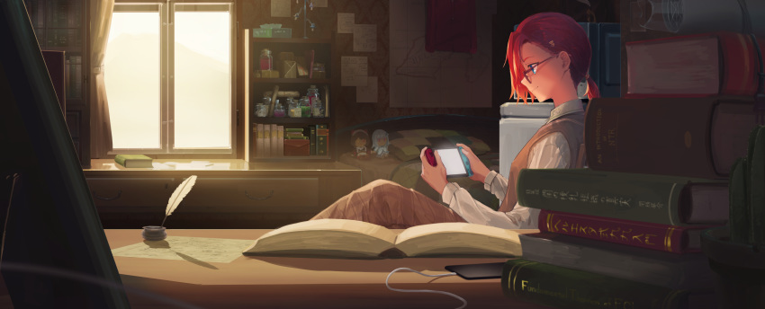 1girl absurdres ange_katrina bed blue_eyes book book_stack bookshelf cable closed_mouth crossed_legs curtains doll dress_shirt glasses hair_ornament hairclip handheld_game_console highres holding holding_handheld_game_console indoors inkwell inui_toko jar lize_helesta long_sleeves map nijisanji nintendo_switch open_book pacifier pillow playing_games quill redhead rouzato scroll shirt short_hair short_ponytail sitting smile solo sweater_vest tissue_box virtual_youtuber window
