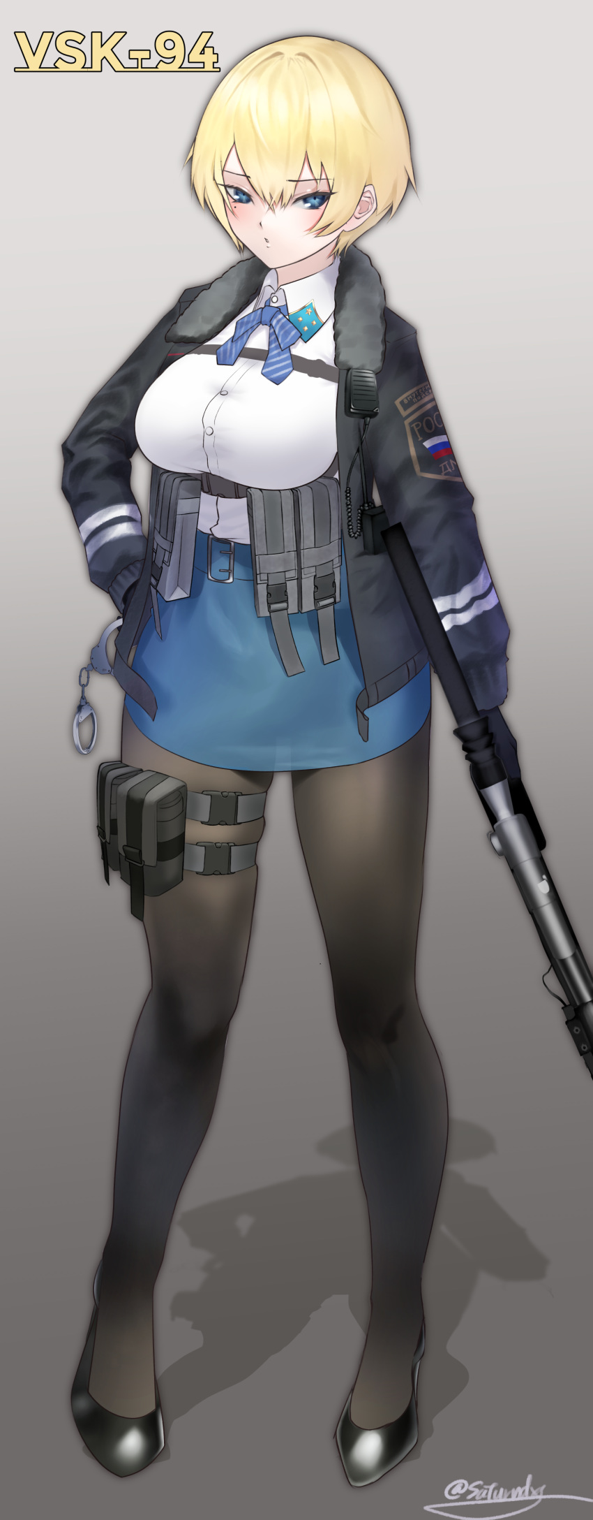 1girl absurdres bangs belt black_footwear black_gloves black_jacket black_legwear blonde_hair blue_belt blue_eyes blue_neckwear blue_skirt blush breasts character_name collared_shirt commentary_request cuffs eyebrows_visible_through_hair full_body girls_frontline gloves grey_background gun hair_between_eyes hair_ornament hand_on_hip handcuffs high_heels highres holding holding_gun holding_handcuffs holding_weapon jacket large_breasts long_sleeves looking_at_viewer magazine_(weapon) miniskirt mole mole_under_eye neck_ribbon open_clothes open_jacket pantyhose ribbon saturndxy shadow shirt shirt_tucked_in short_hair sidelocks simple_background skindentation skirt snap-fit_buckle solo standing thigh_pouch twitter_username underbust vsk-94 vsk-94_(girls_frontline) walkie-talkie weapon white_shirt