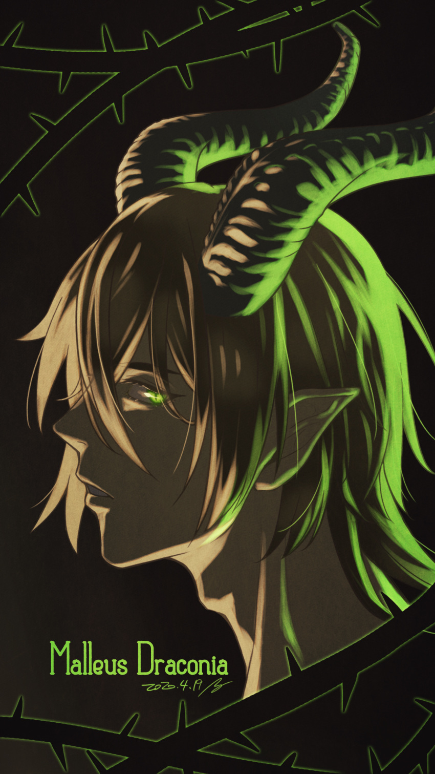 1boy adam's_apple character_name dark_background dated green_eyes hair_between_eyes highres horns male_focus malleus_draconia pointy_ears profile sagachin0124 solo thorns twisted_wonderland