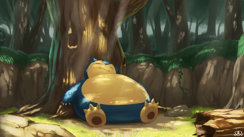closed_mouth commentary_request fangs forest gen_1_pokemon grass highres light_beam lying nature no_humans on_back outdoors pokemon snorlax solo supearibu tree watermark